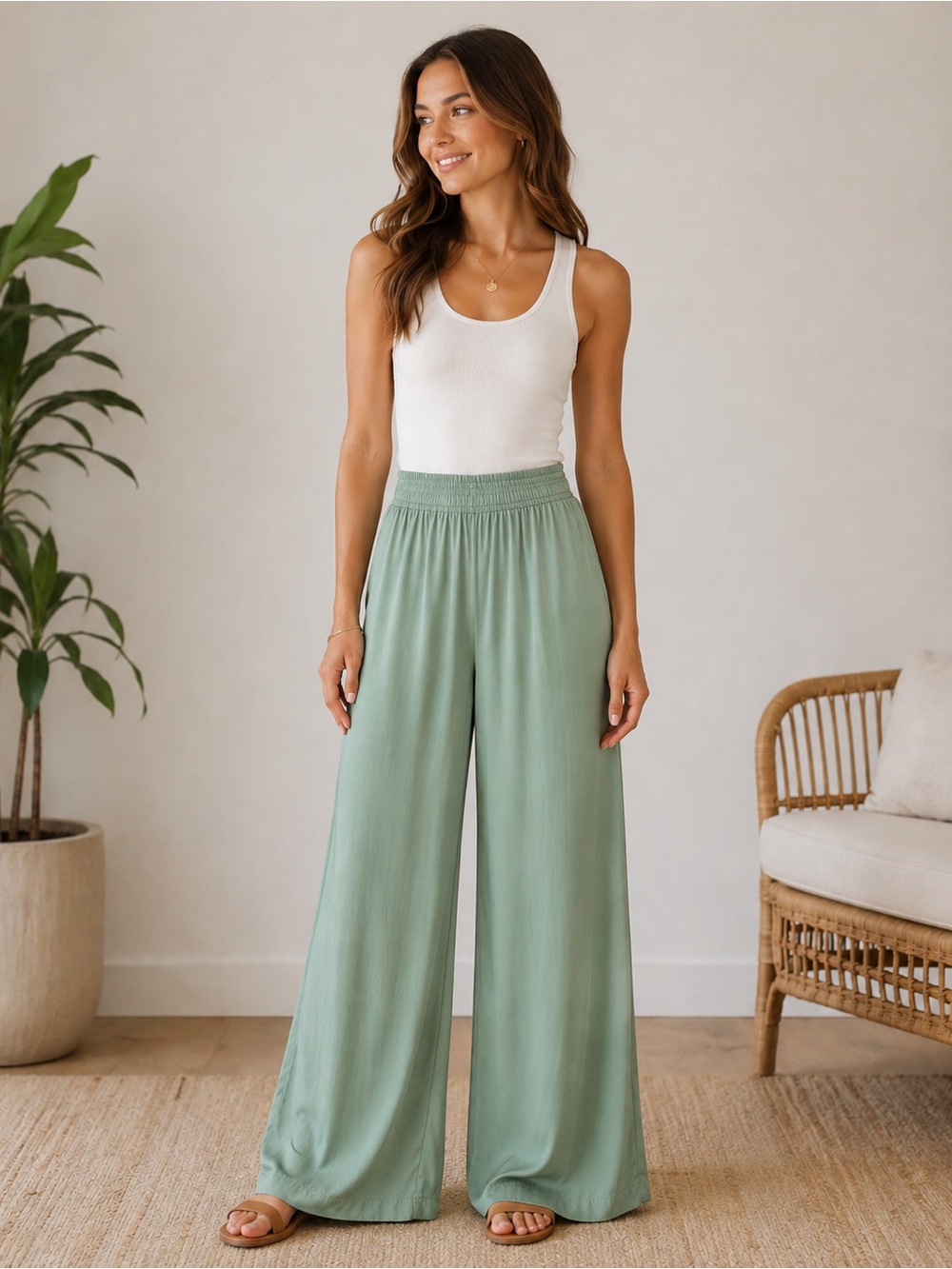 Joie Sage Green Satin Wide-Leg Pull-on Pants XS